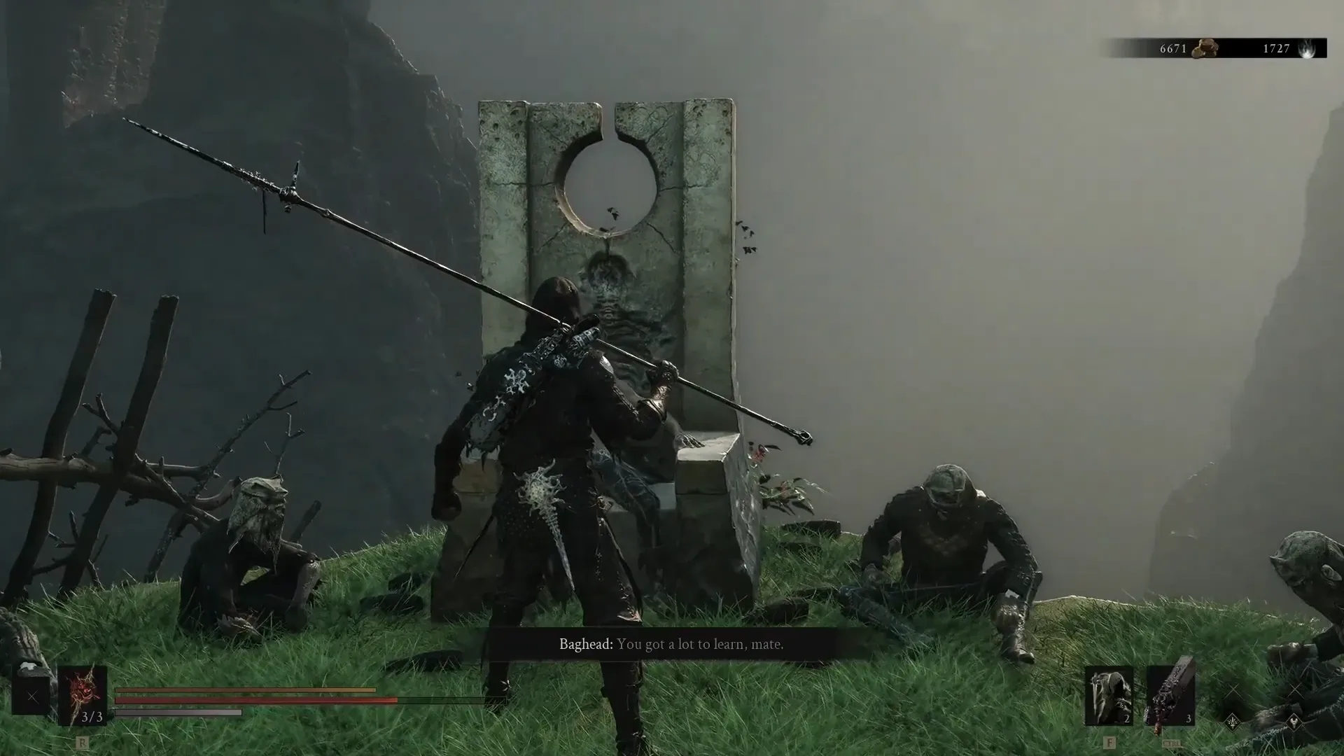 Baghead on the stone seat telling the player there is a lot to learn