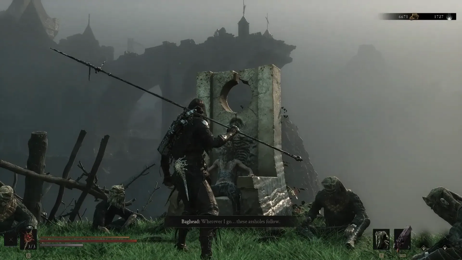 Baghead on the stone seat after asking if the player wants a bag