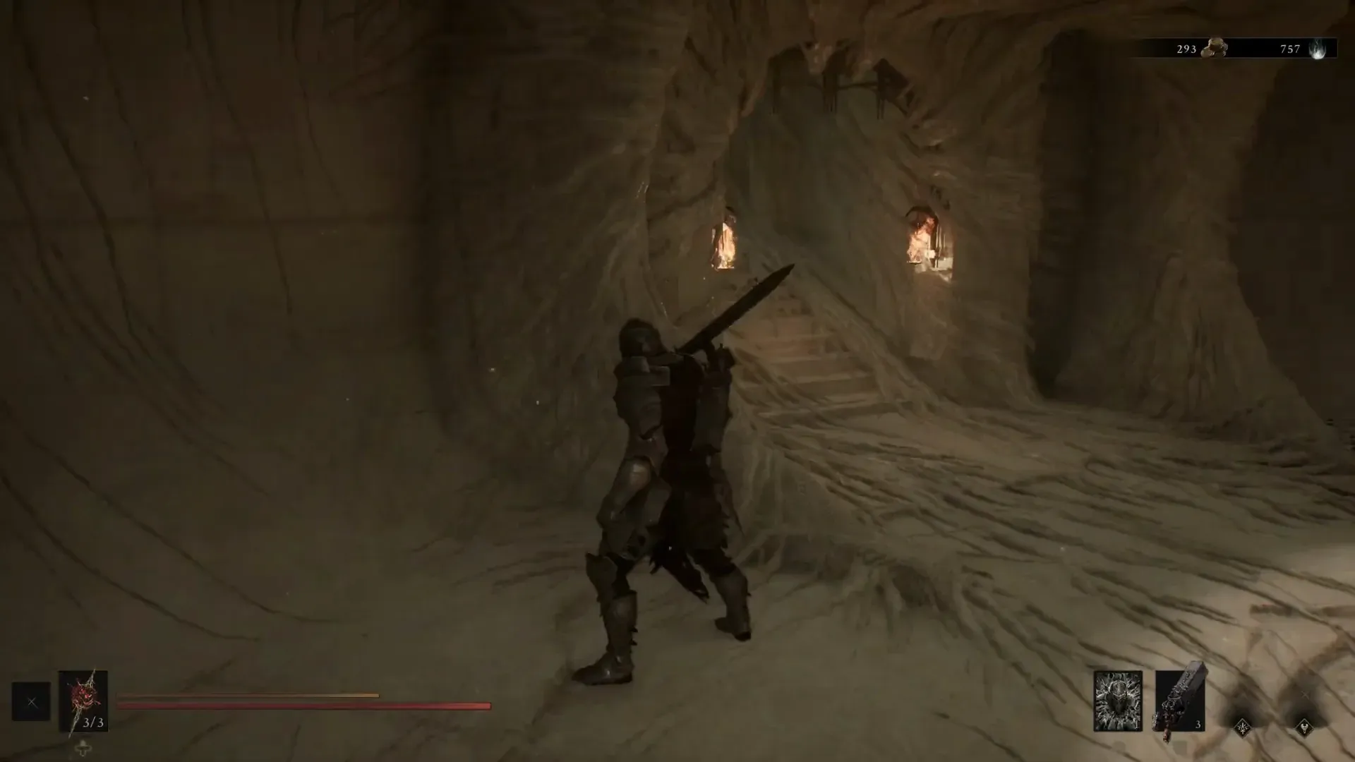 An armored Shell raises a sword while moving through a narrow cave.