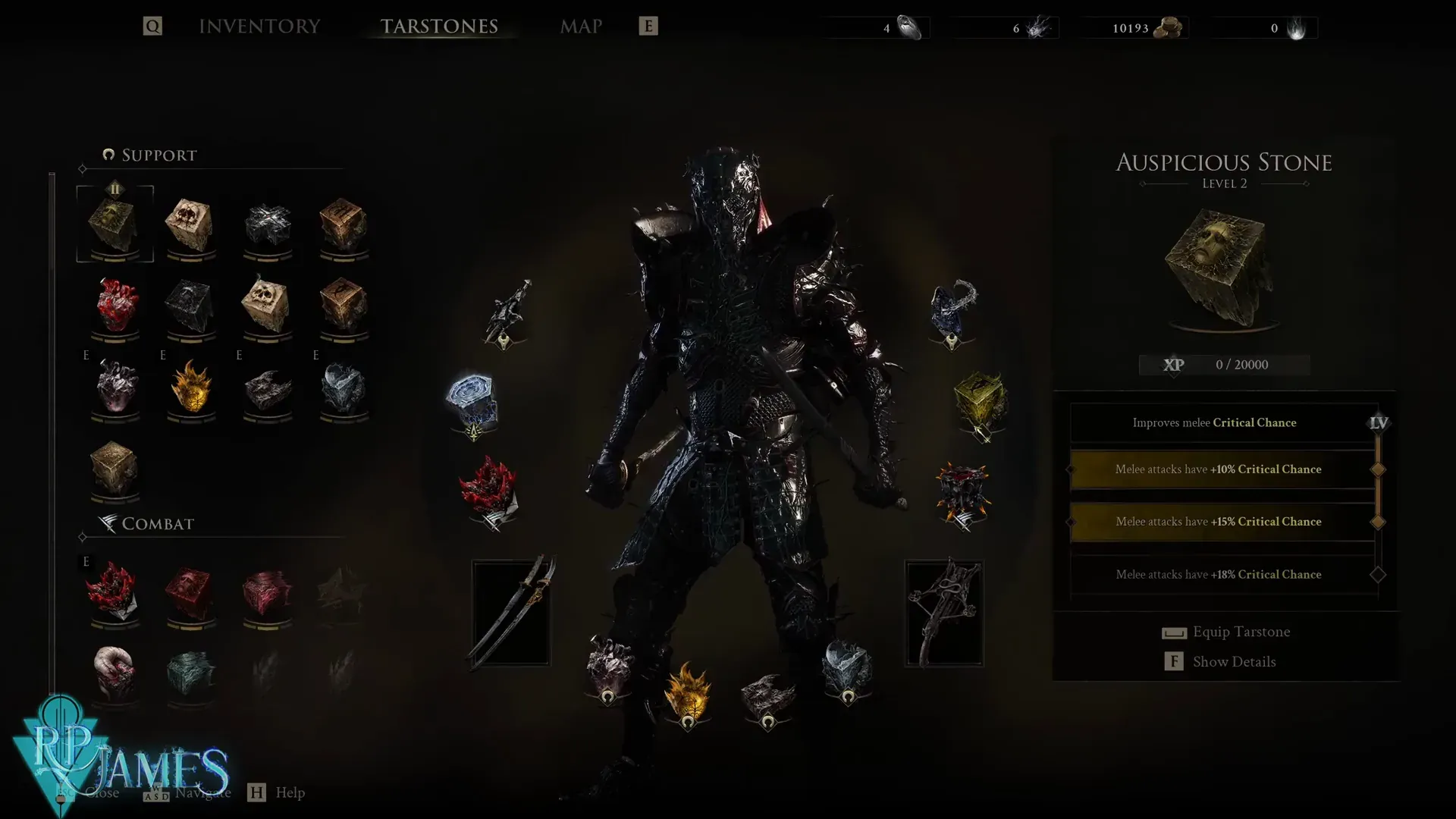 The Tarstone tab with a ten-slot loadout and Auspicious Stone selected