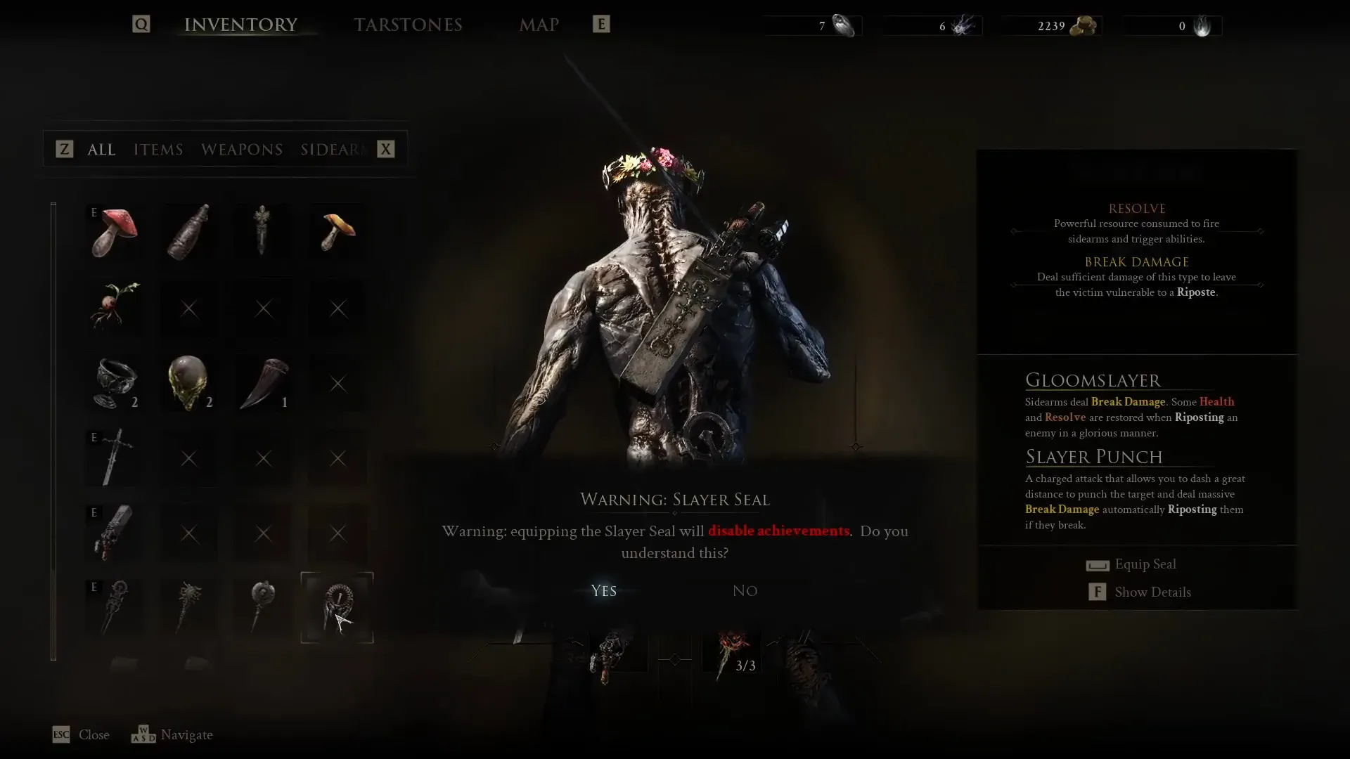 The Slayer Seal warning that equipping it will disable achievements