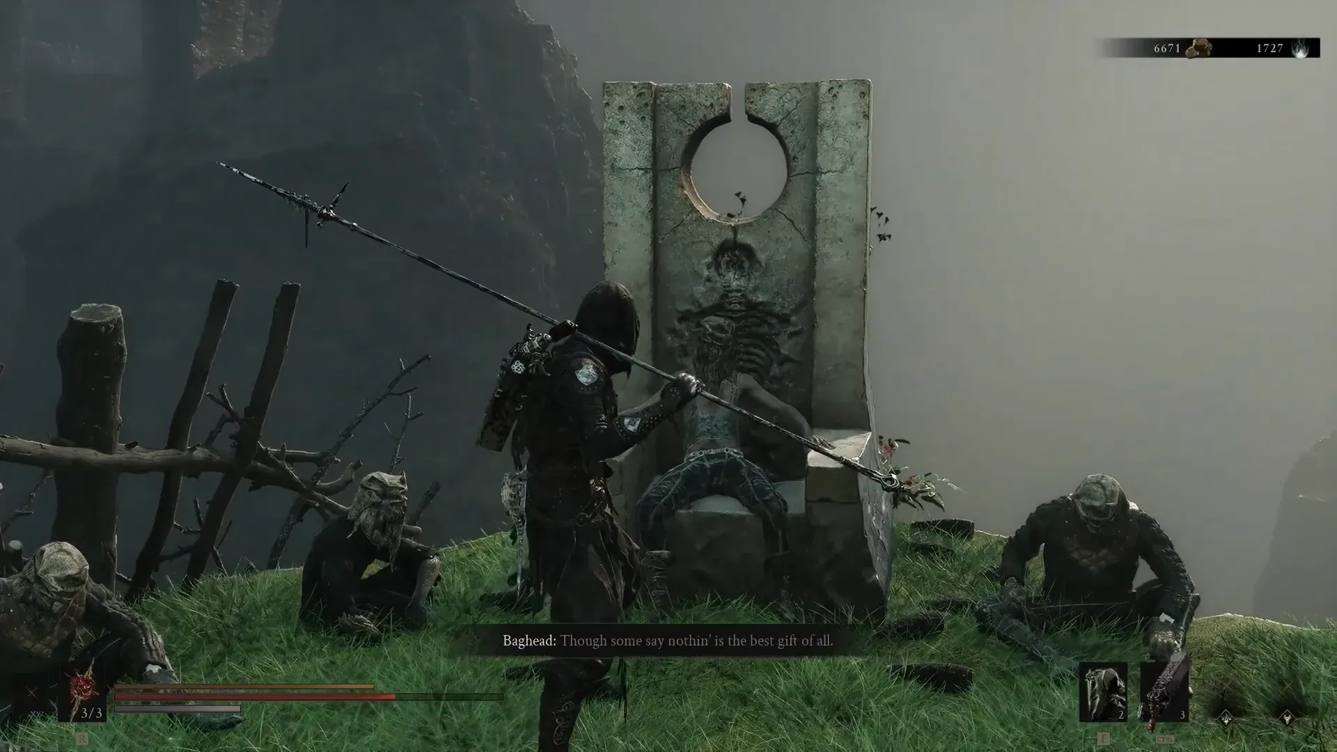 Baghead on the stone seat asking the player to drop an offering in the pile