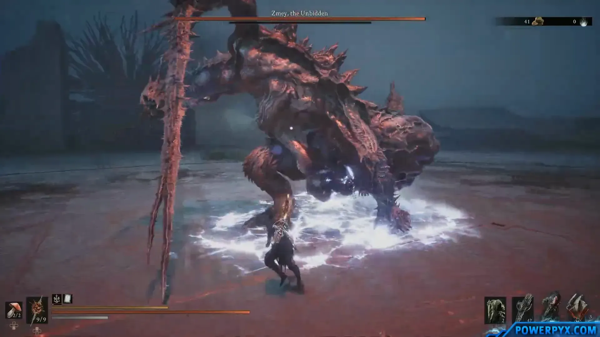 Zmey, the Unbidden standing over the player in the final arena