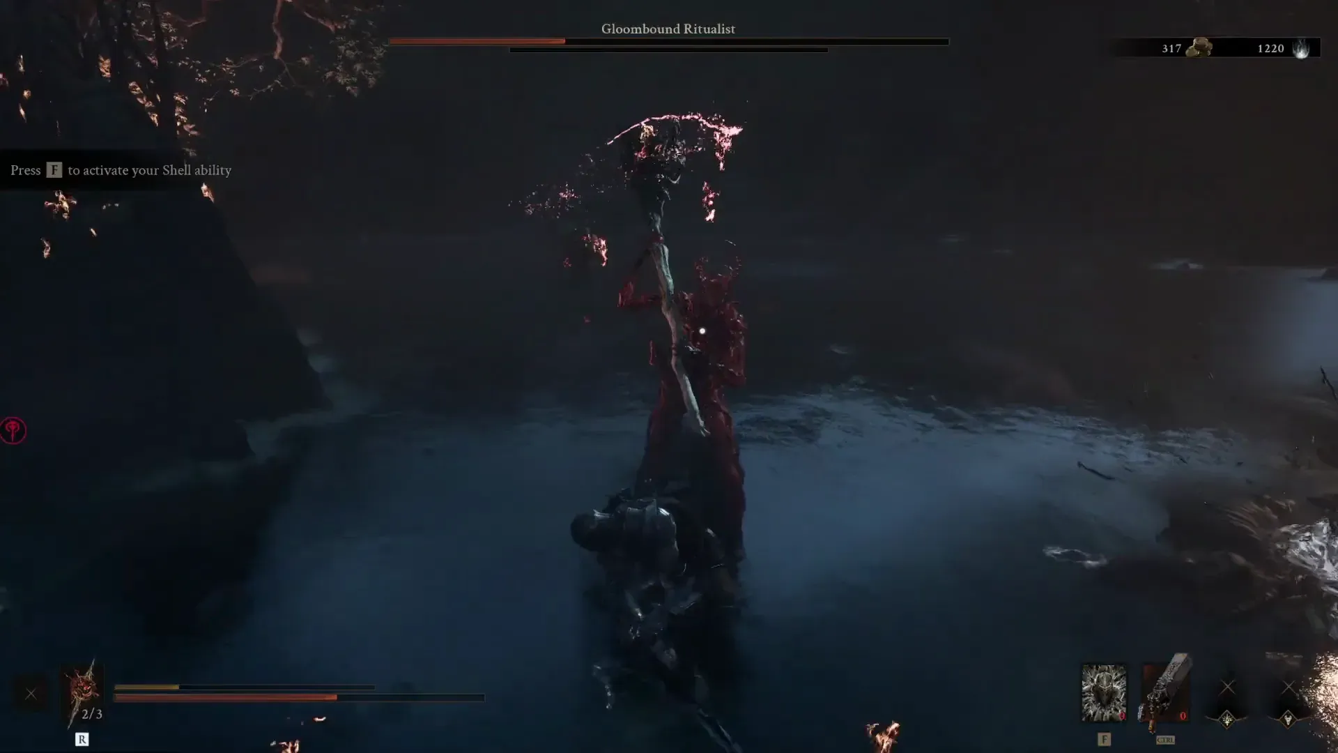 Gloombound Ritualist raising an arm during the prologue boss fight