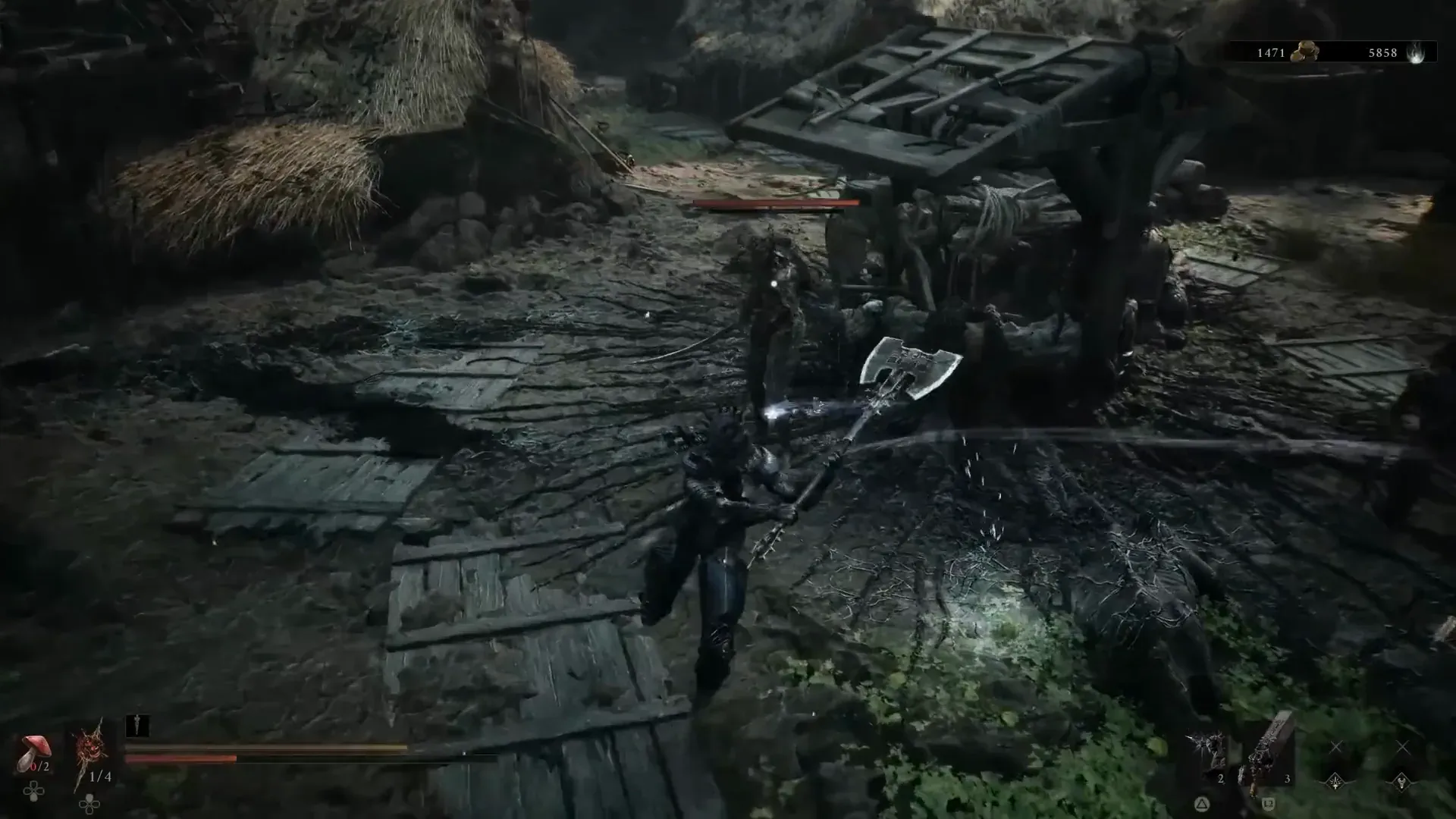 A village greataxe fight on the first-run road, the kind of scrap that adds minutes each time you fall