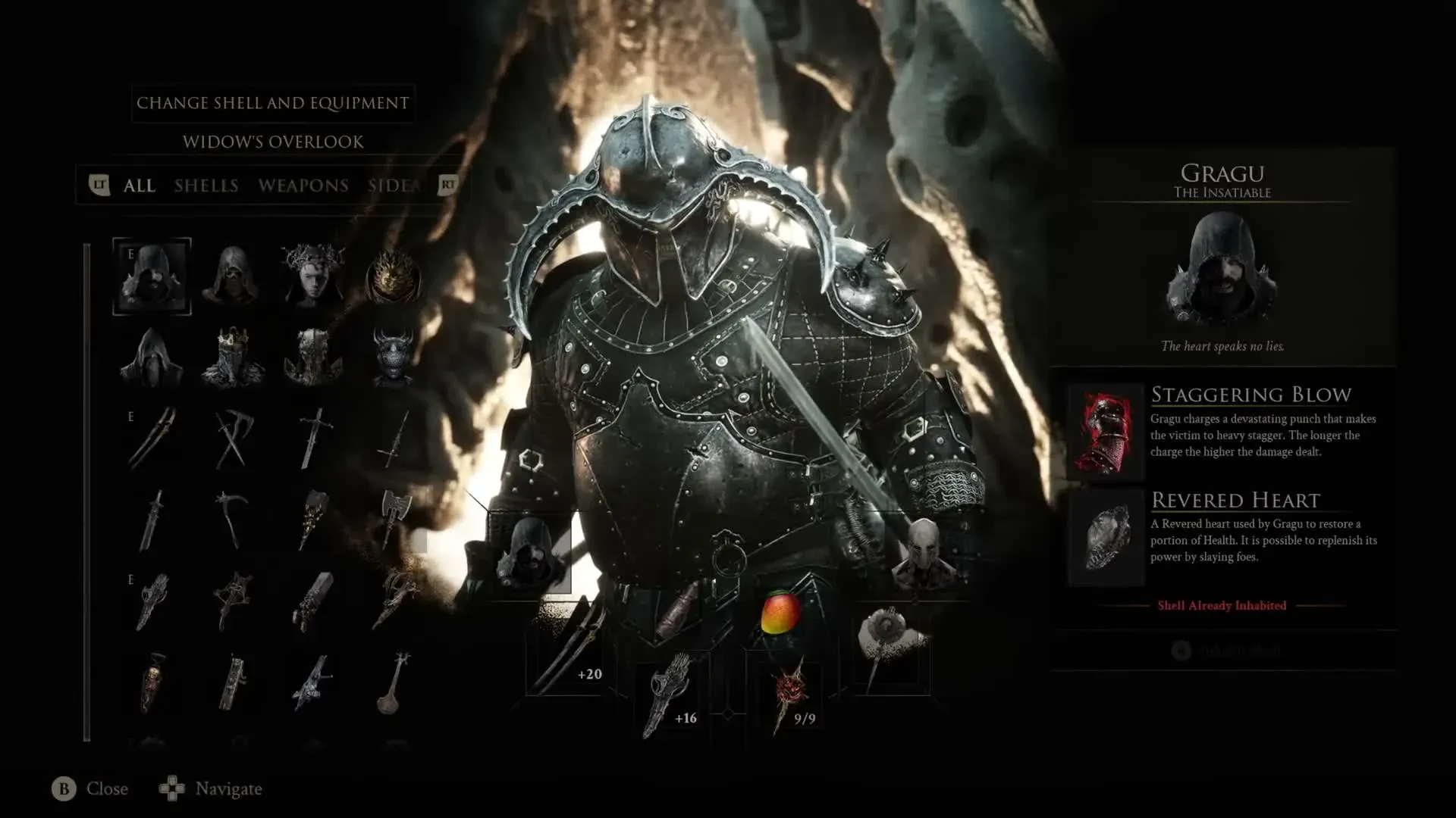 Equipment panel for Gragu the Insatiable, showing Staggering Blow and Revered Heart