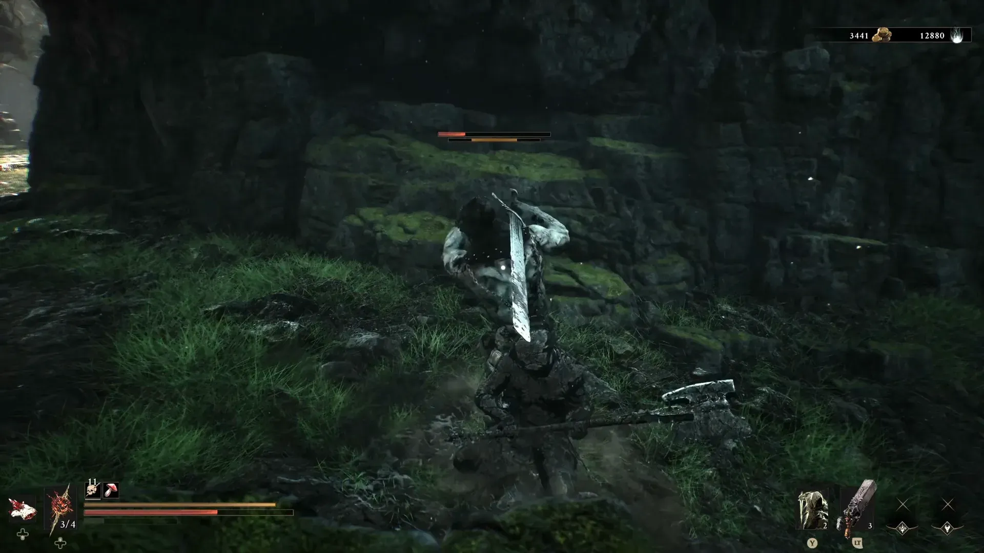 A stone-hardened Shell crouched under an enemy overhead swing
