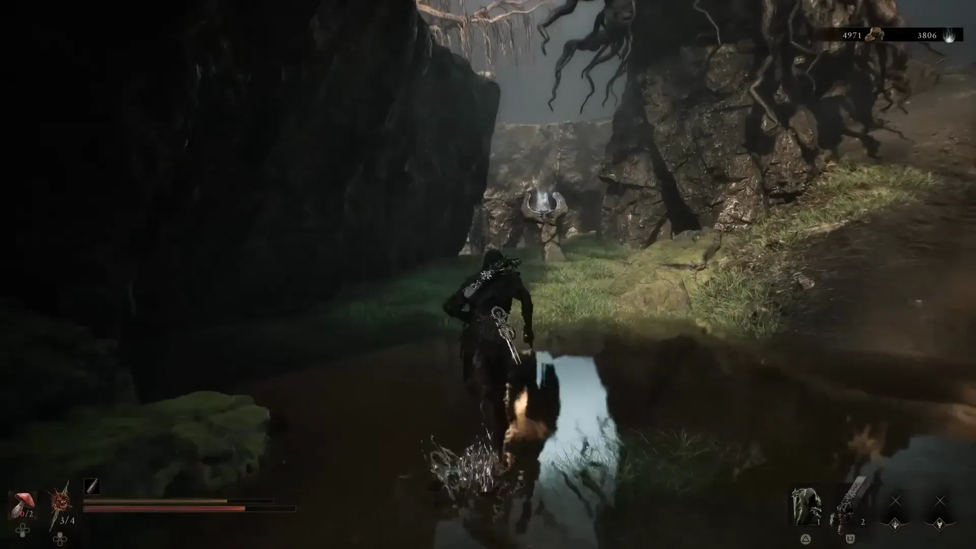 A later shrine path through standing water, the kind of leftover road that adds hours after a short first pass