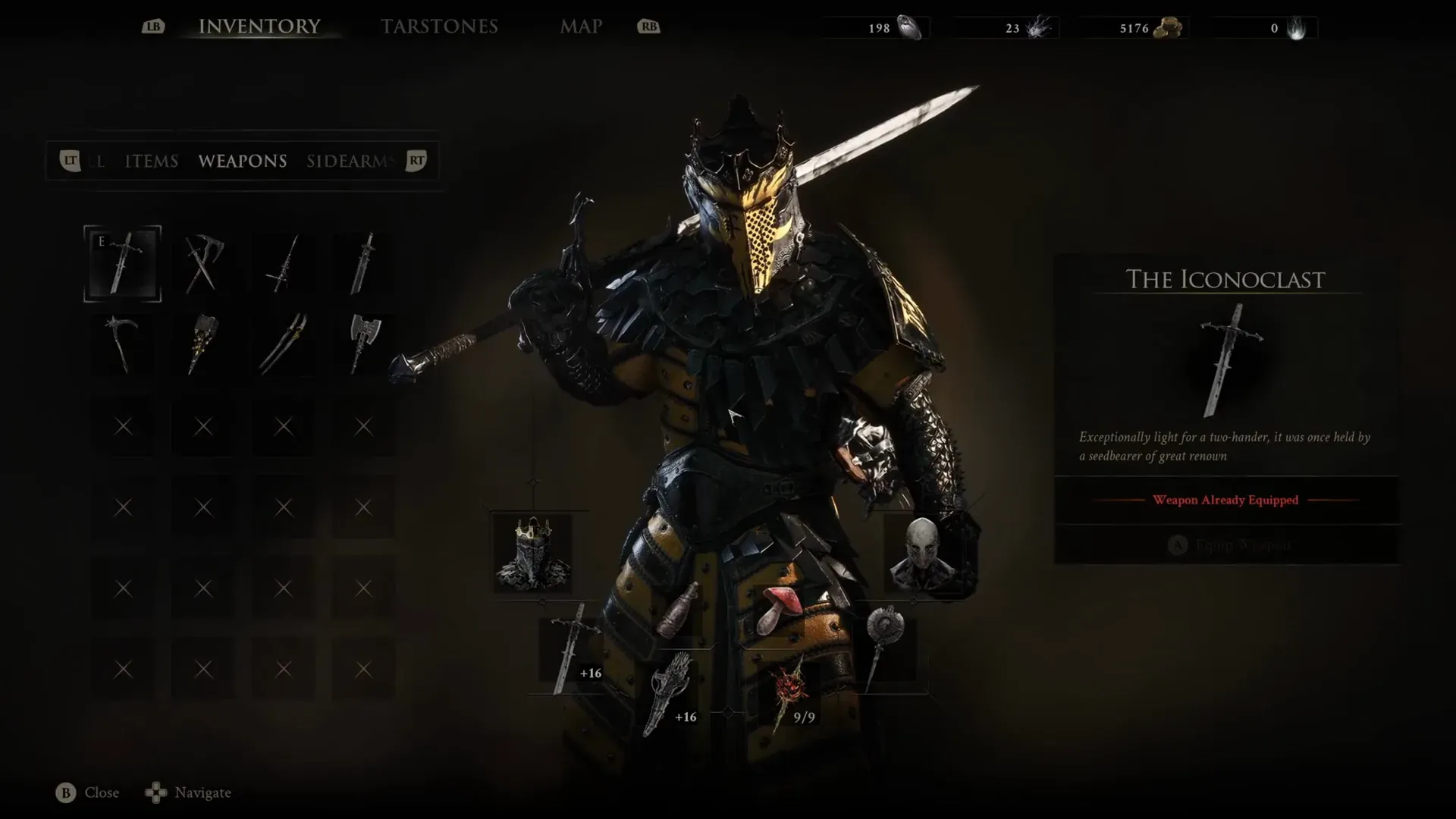 Inventory panel naming The Iconoclast as the equipped starter weapon