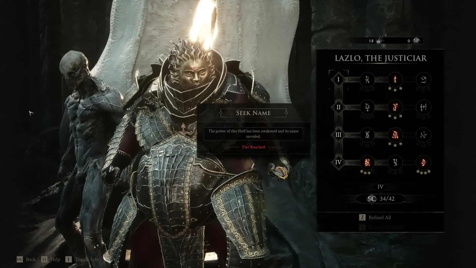 Talent tree for Lazlo the Justiciar, with heat-themed nodes unlocked