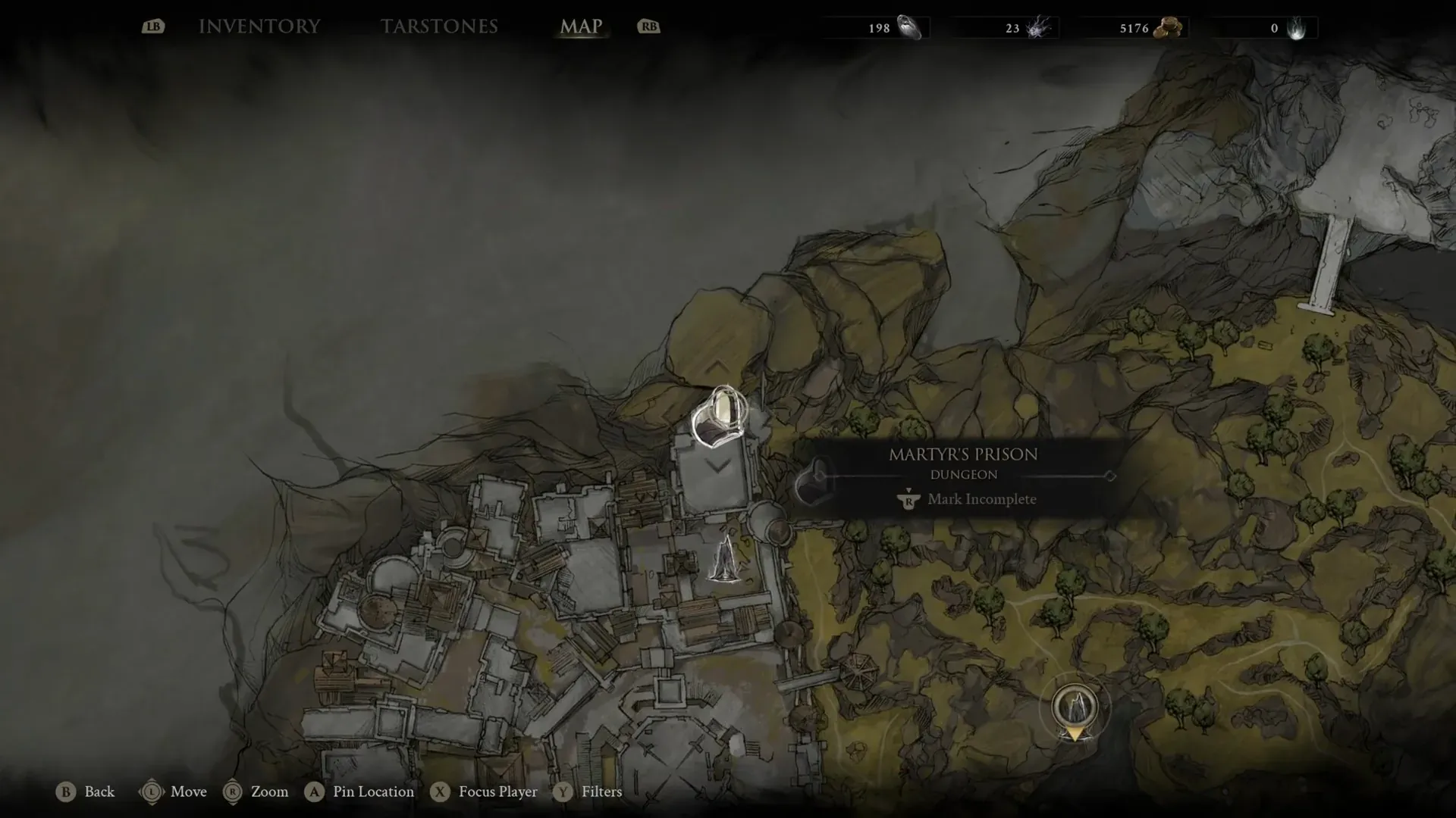 World map card naming Martyr's Prison as a dungeon