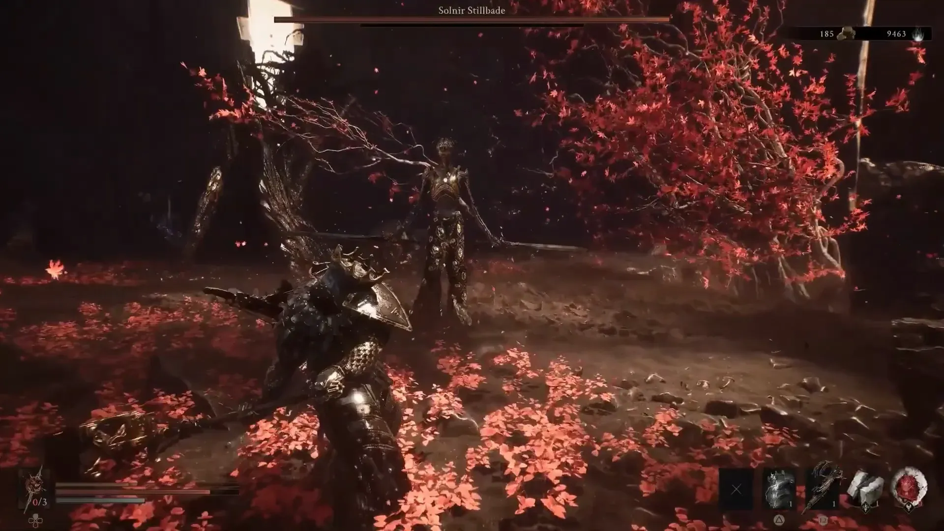 Solnir Stillblade in a red-leaf arena, a later named fight that comes back when dungeons reset