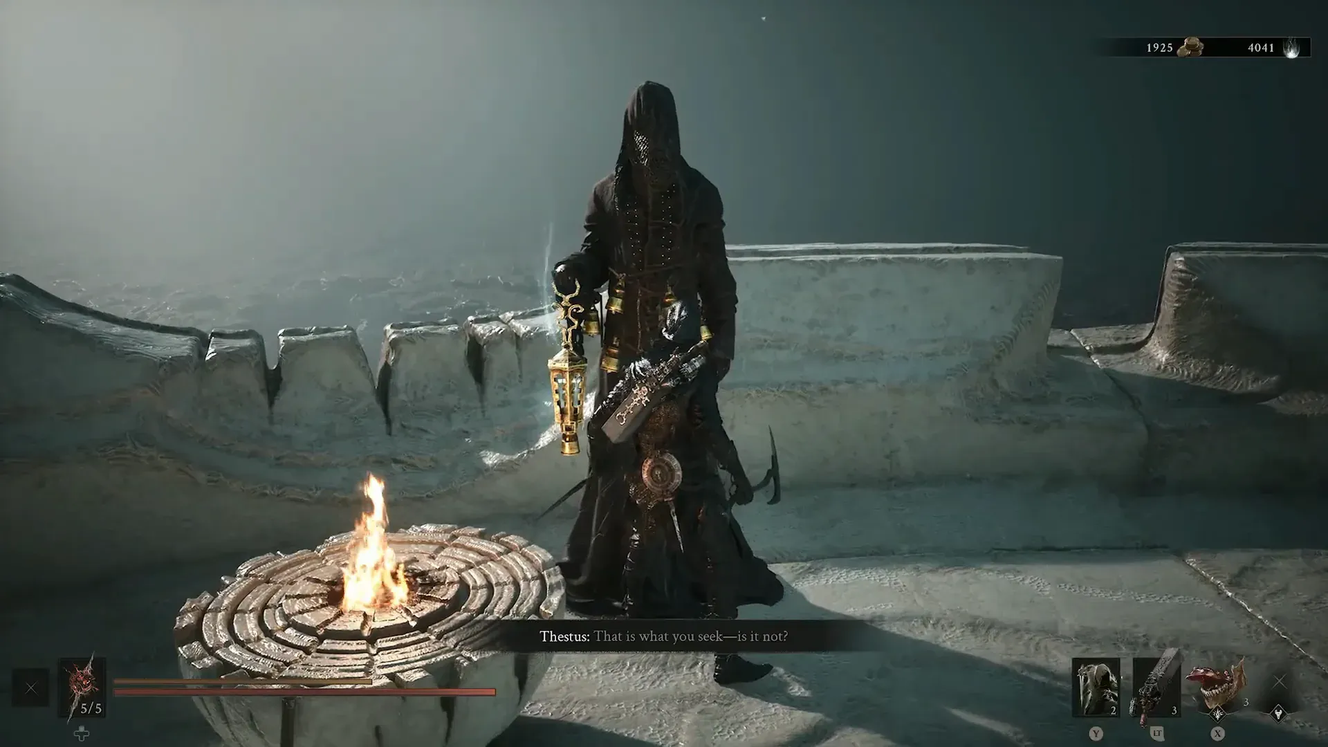 Thestus on the Marrowkeep roof, holding the lantern that switches Night Mode