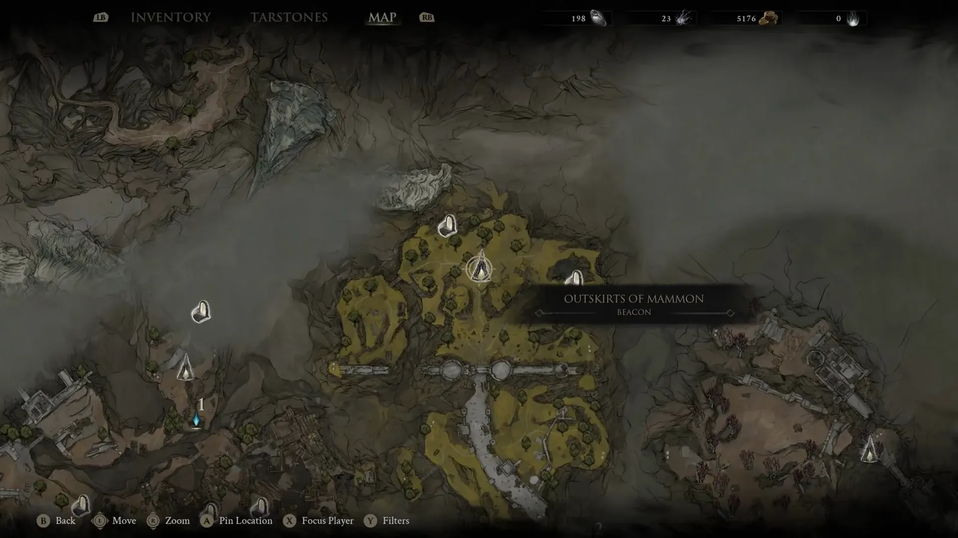 World map card naming Outskirts of Mammon as a beacon