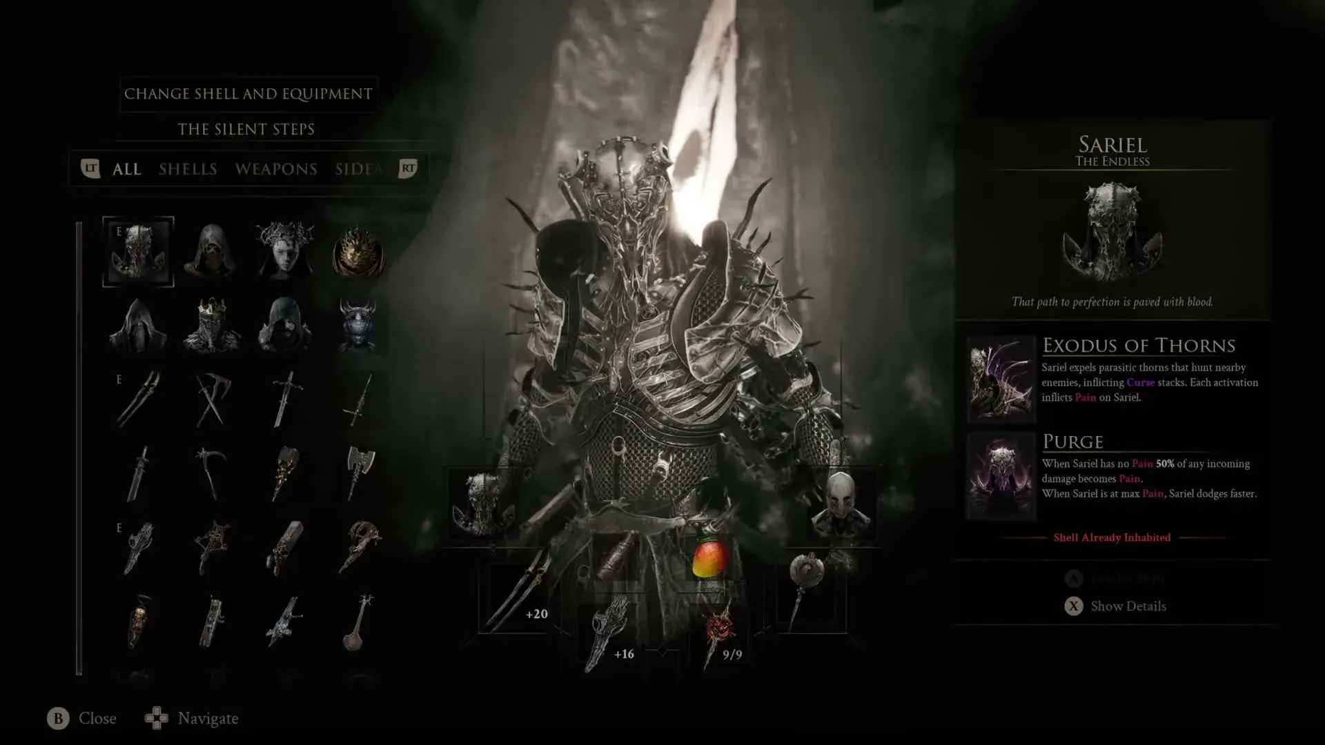 Equipment panel for Sariel the Endless, showing Exodus of Thorns and Purge