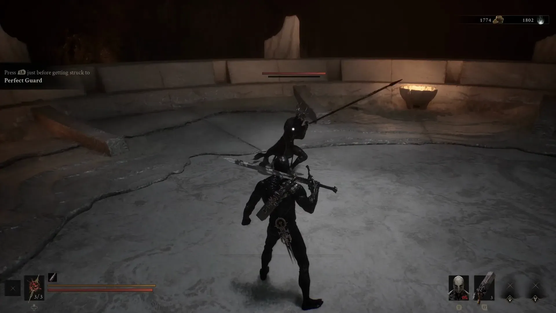 Training dummy mid-thrust with a Perfect Guard prompt and Seal icon visible