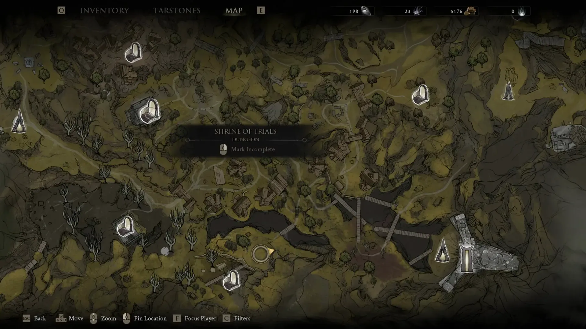 World map card naming the Shrine of Trials as a dungeon