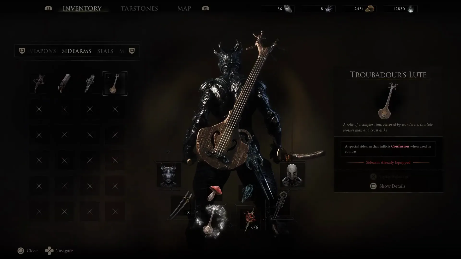 Inspect panel for Troubadour's Lute in the Sidearms tab
