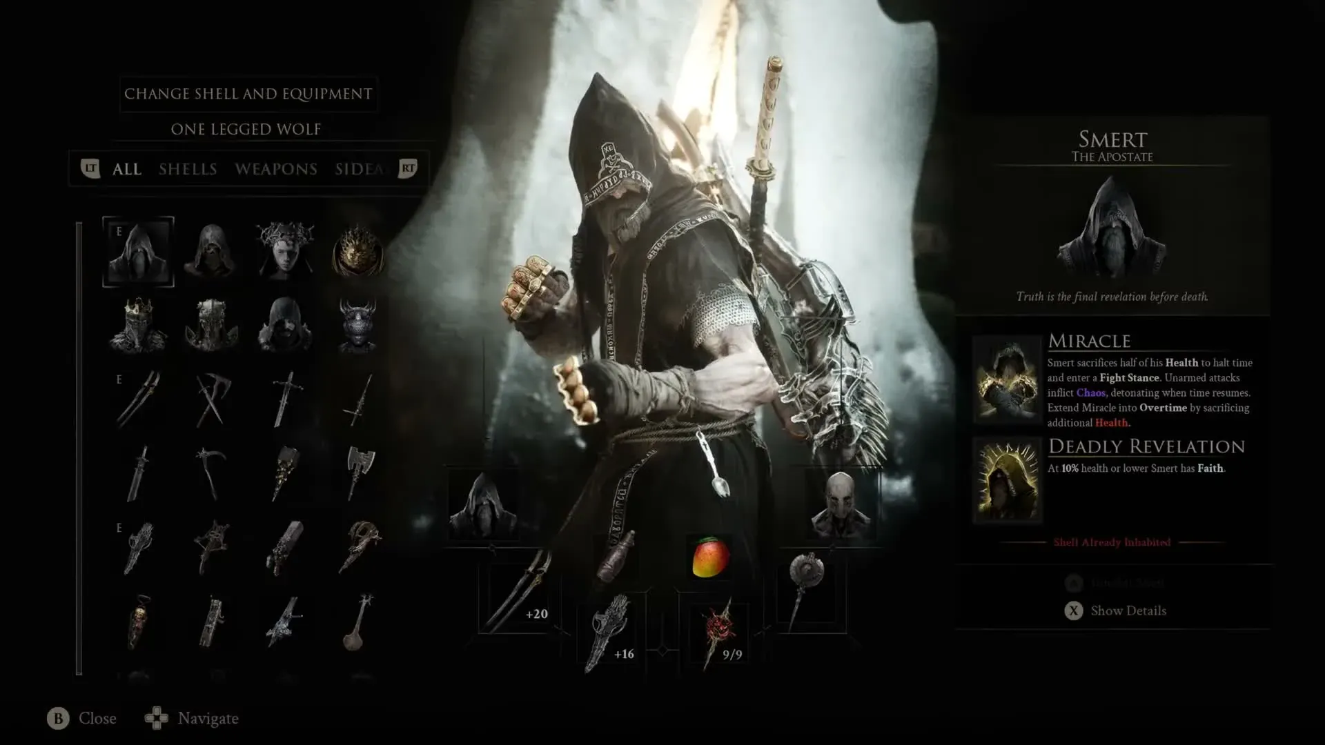 Equipment panel for Smert the Apostate, showing Miracle and Deadly Revelation