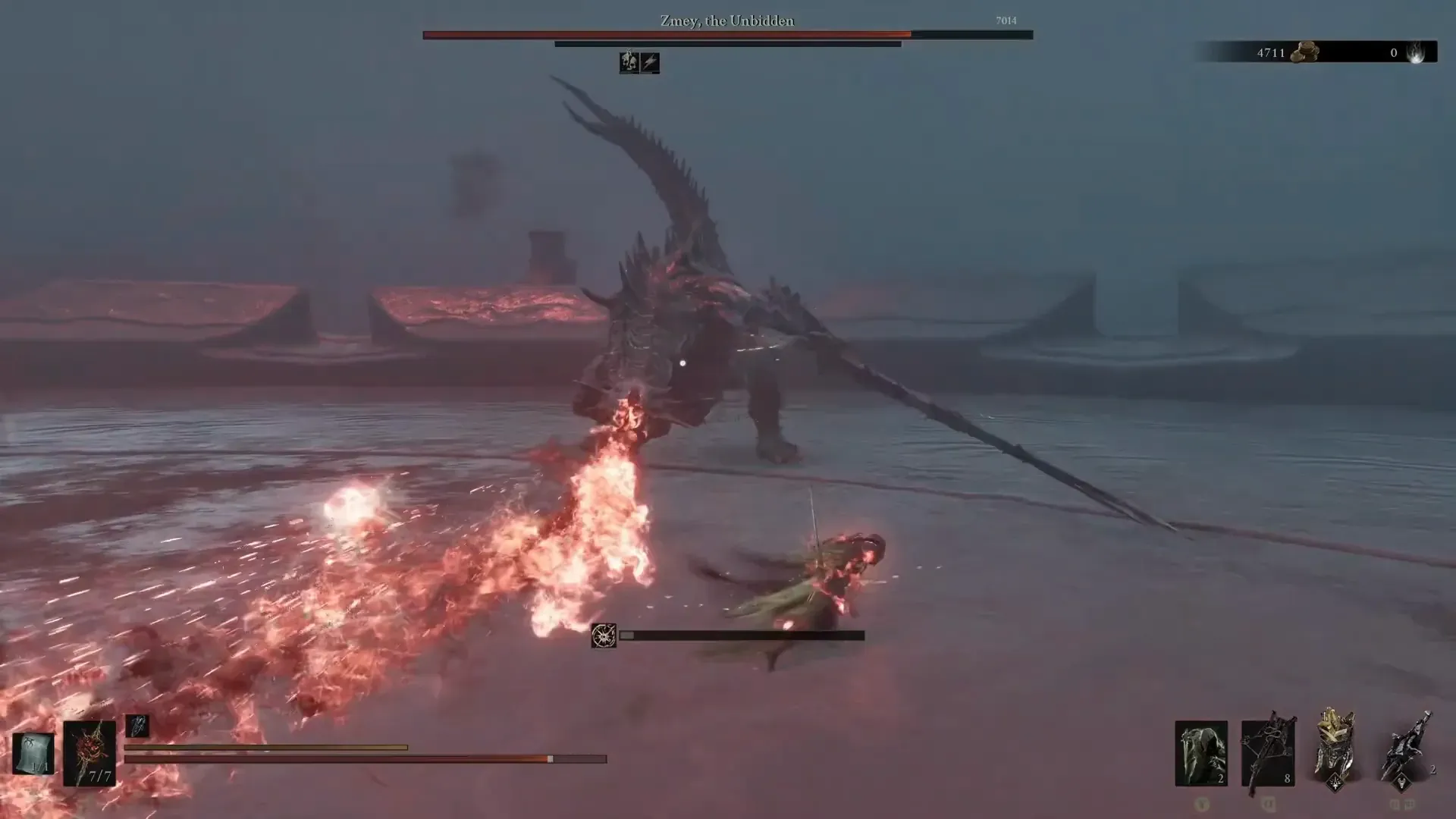 Zmey breathing fire across the circular arena